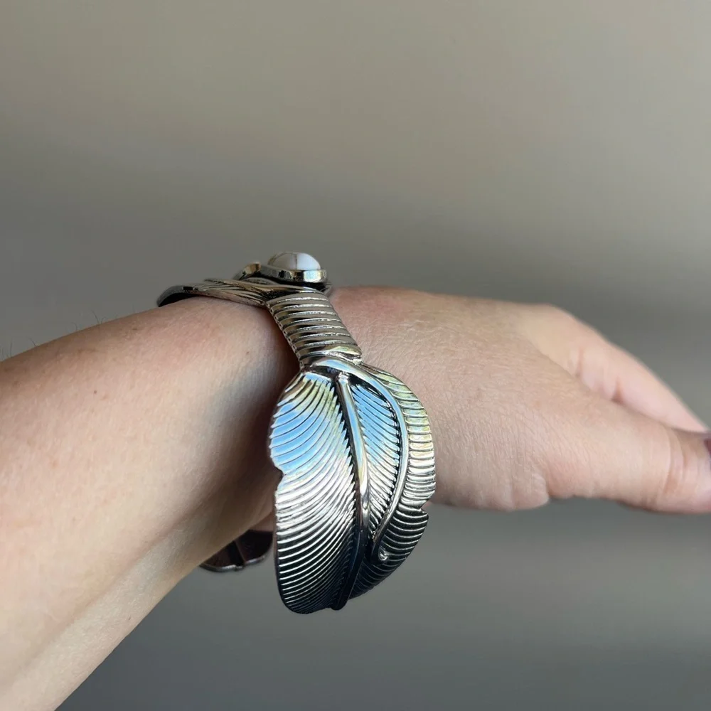 Cuff Bracelet silver tone and cream colored stones, fashion jewelry